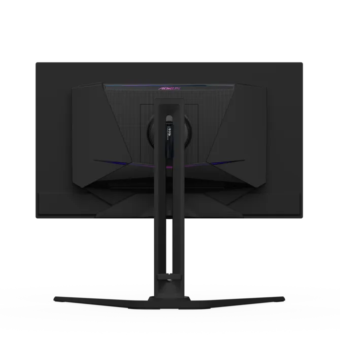 Vista trasera de un monitor negro con logo AORUS y detalles azules.