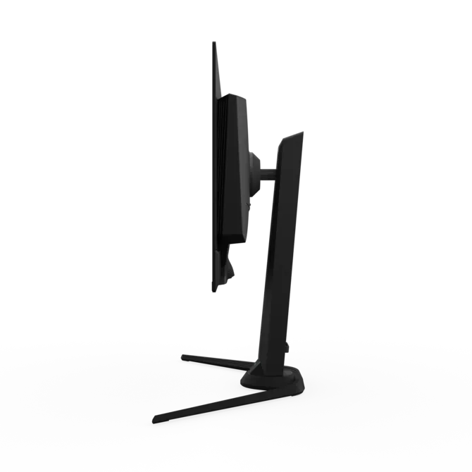 Un monitor de computadora negro con un soporte elegante, visto de lado.
