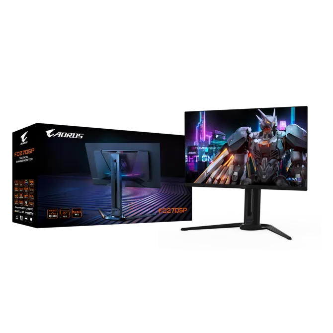 Un monitor gaming AORUS con un robot mecánico en pantalla.