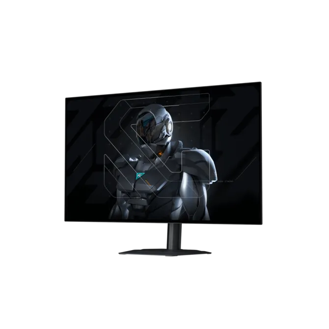 Un monitor gris muestra la imagen de un robot futurista con casco plateado.