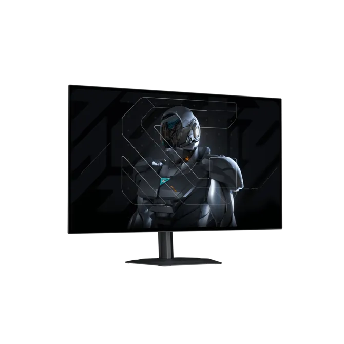 Un monitor oscuro muestra un ciborg futurista con acentos azules.