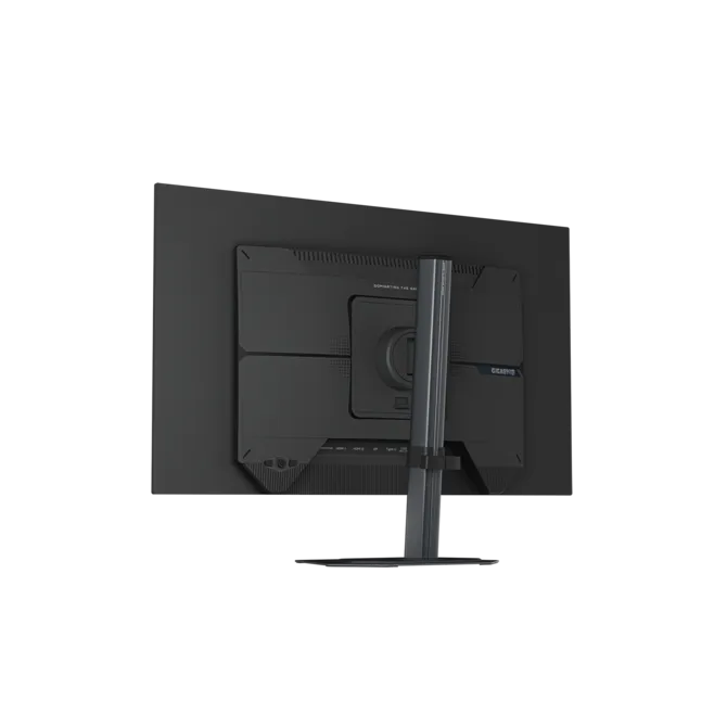 Vista trasera de un monitor negro con base plateada y puertos.