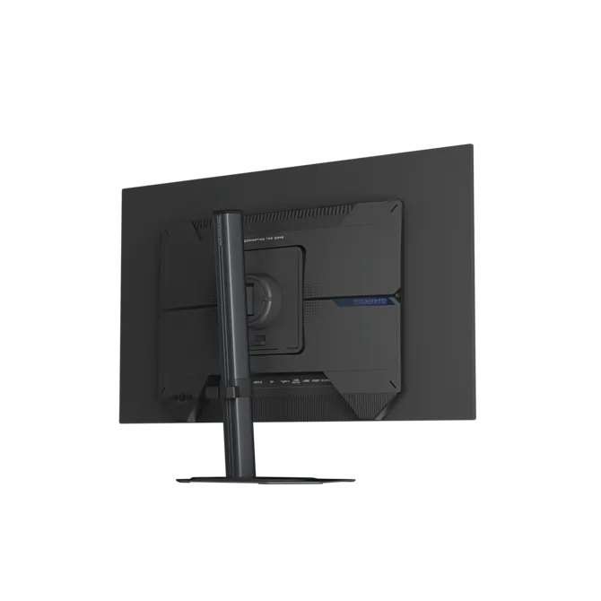 Vista trasera de un monitor negro con soporte plateado y logo GIGABYTE.