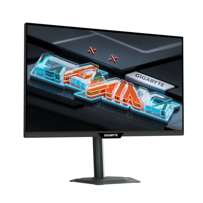 Un monitor muestra la palabra "GAMING" en letras 3D con luces de neón.