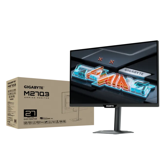 Monitor gaming Gigabyte M2703 y su caja sobre fondo negro.