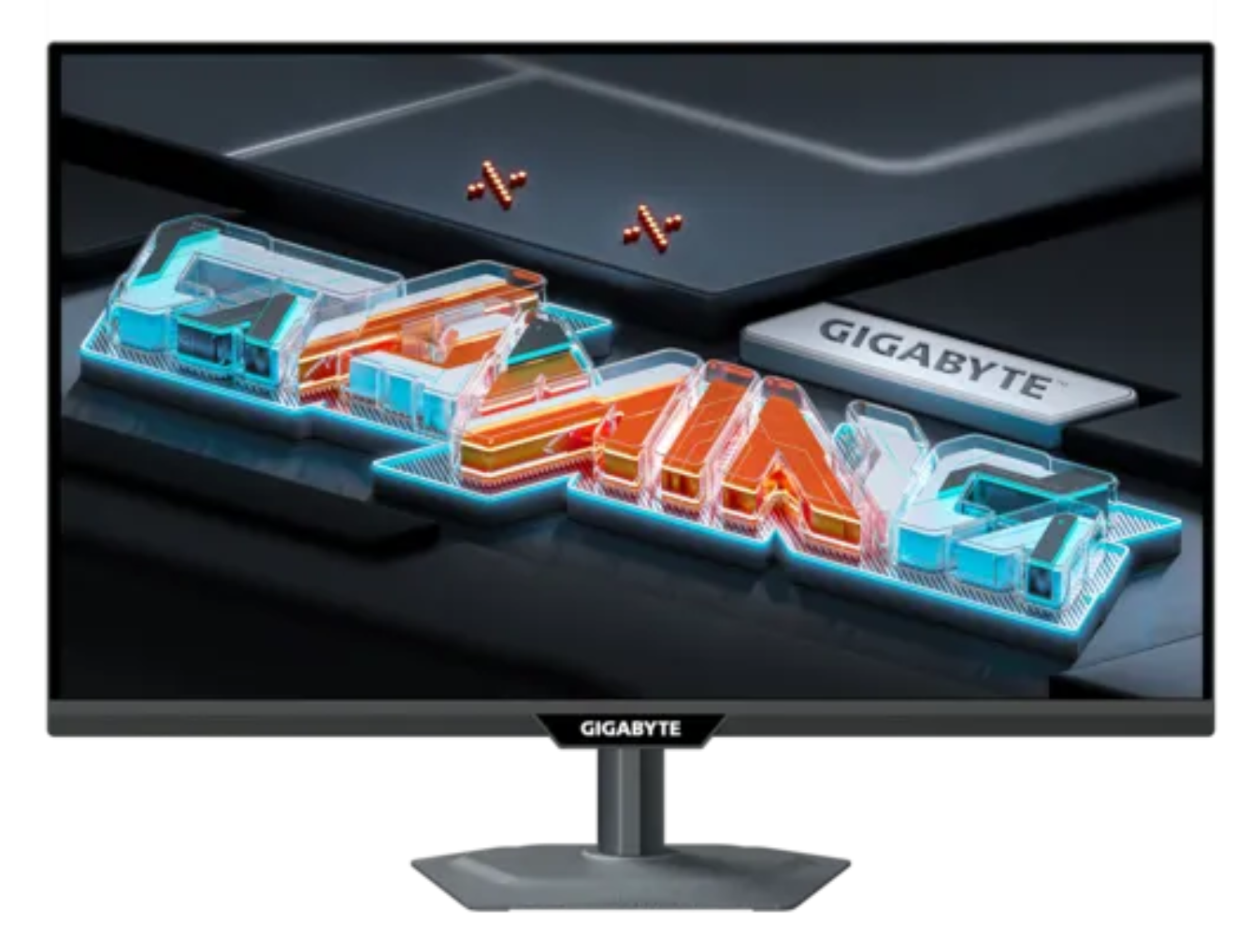 Un logo 3D de GIGABYTE con letras azules y naranjas sobre fondo oscuro.