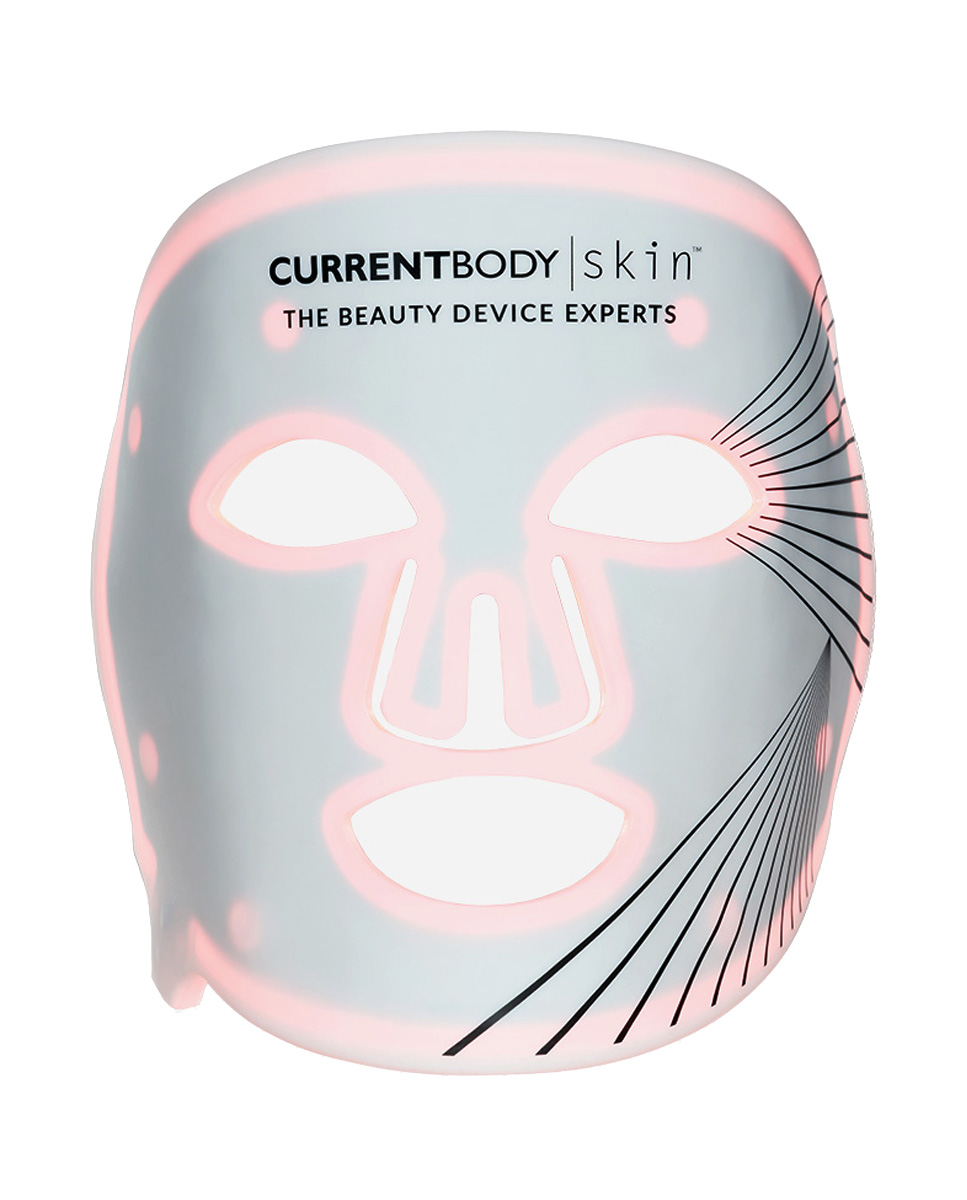 Una mascarilla facial LED blanca con luces rosas y el logo CURRENTBODY | SKIN.
