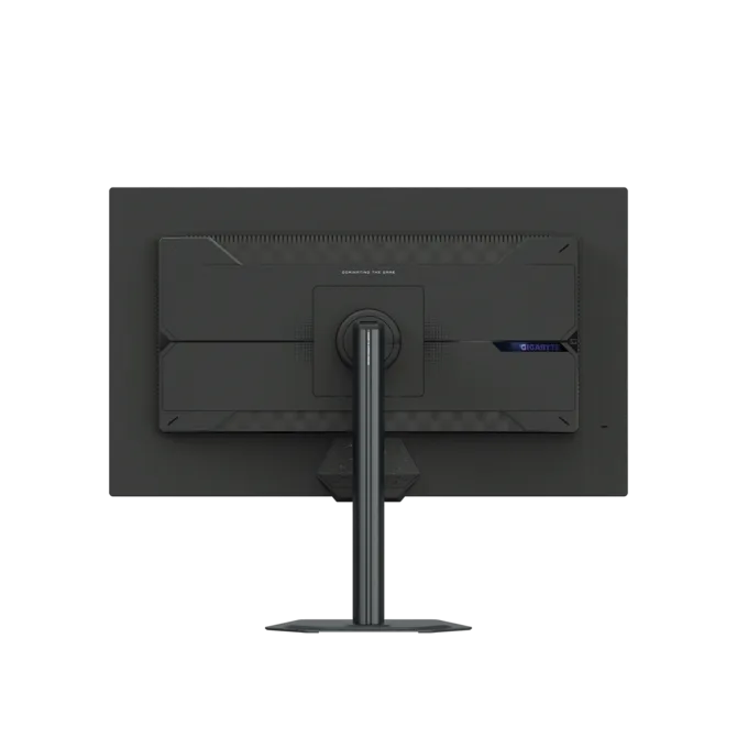 Parte posterior de un monitor negro con soporte plateado y logo GIGABYTE.