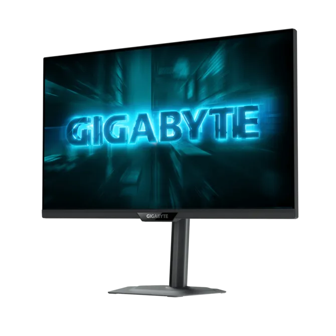 Un monitor muestra texto GIGABYTE azul brillante con fondo abstracto.