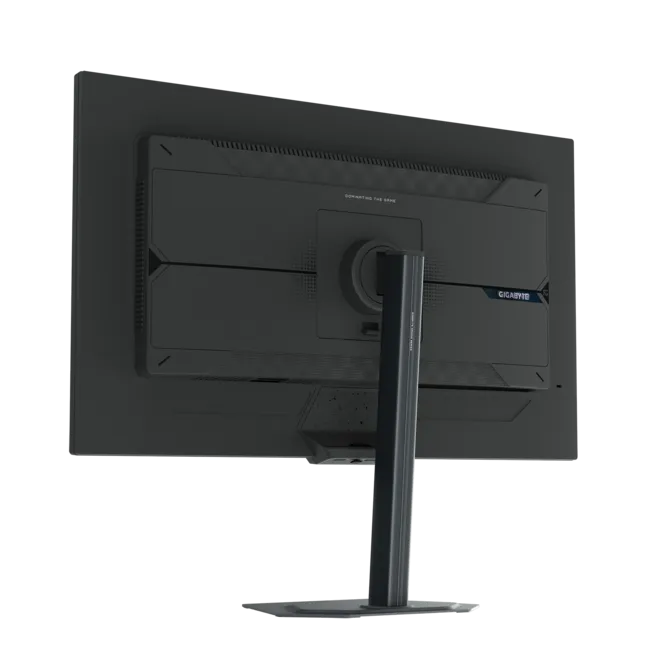 La parte trasera de un monitor negro con logo GIGABYTE y un soporte robusto.