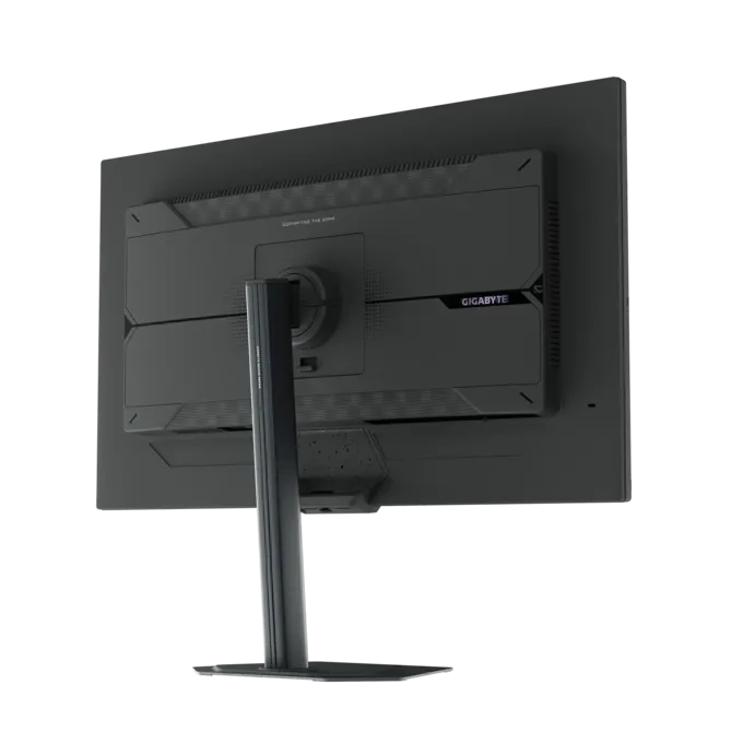 Vista trasera de un monitor negro con soporte y logo Gigabyte.