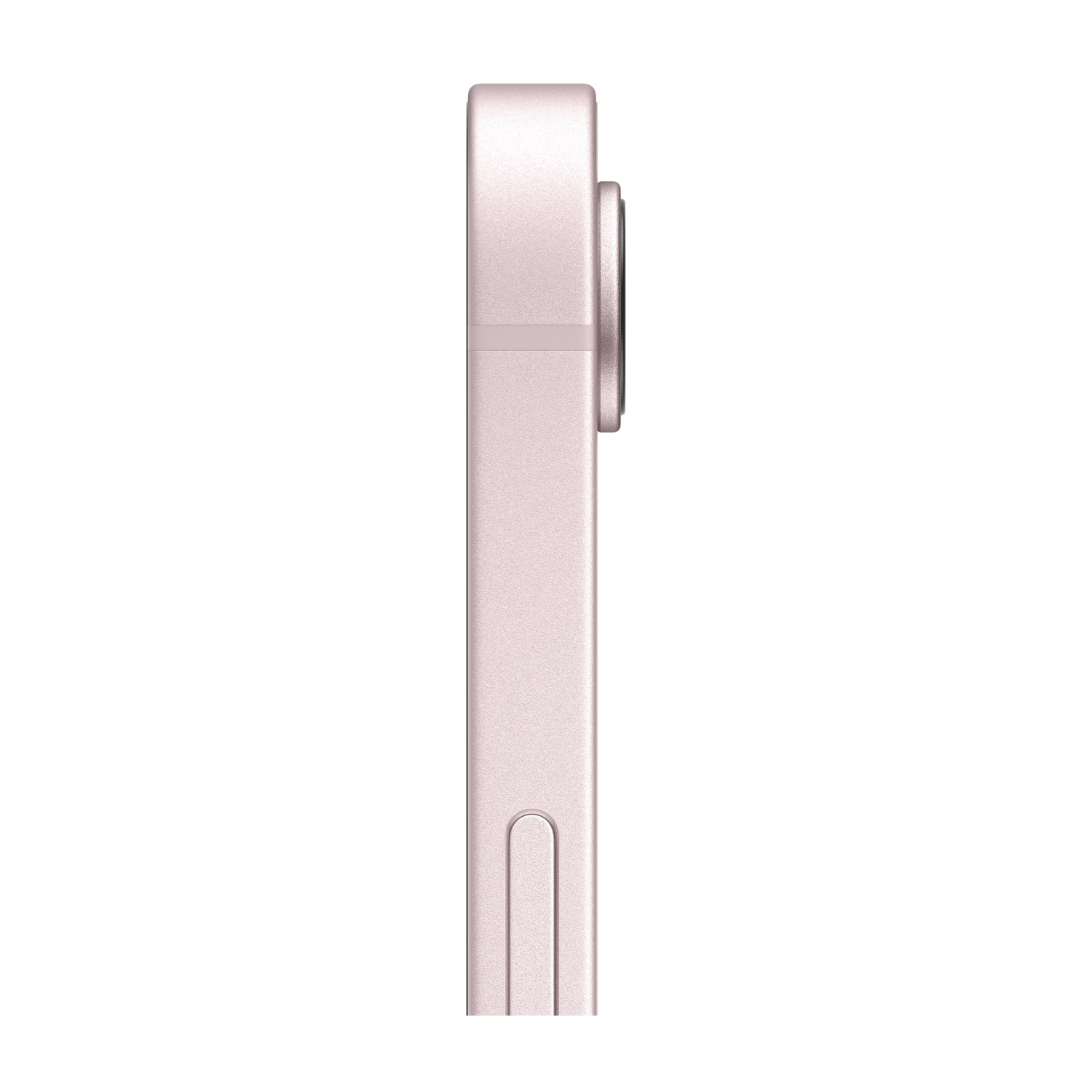 Vista laterale di uno smartphone oro rosa con obiettivo.