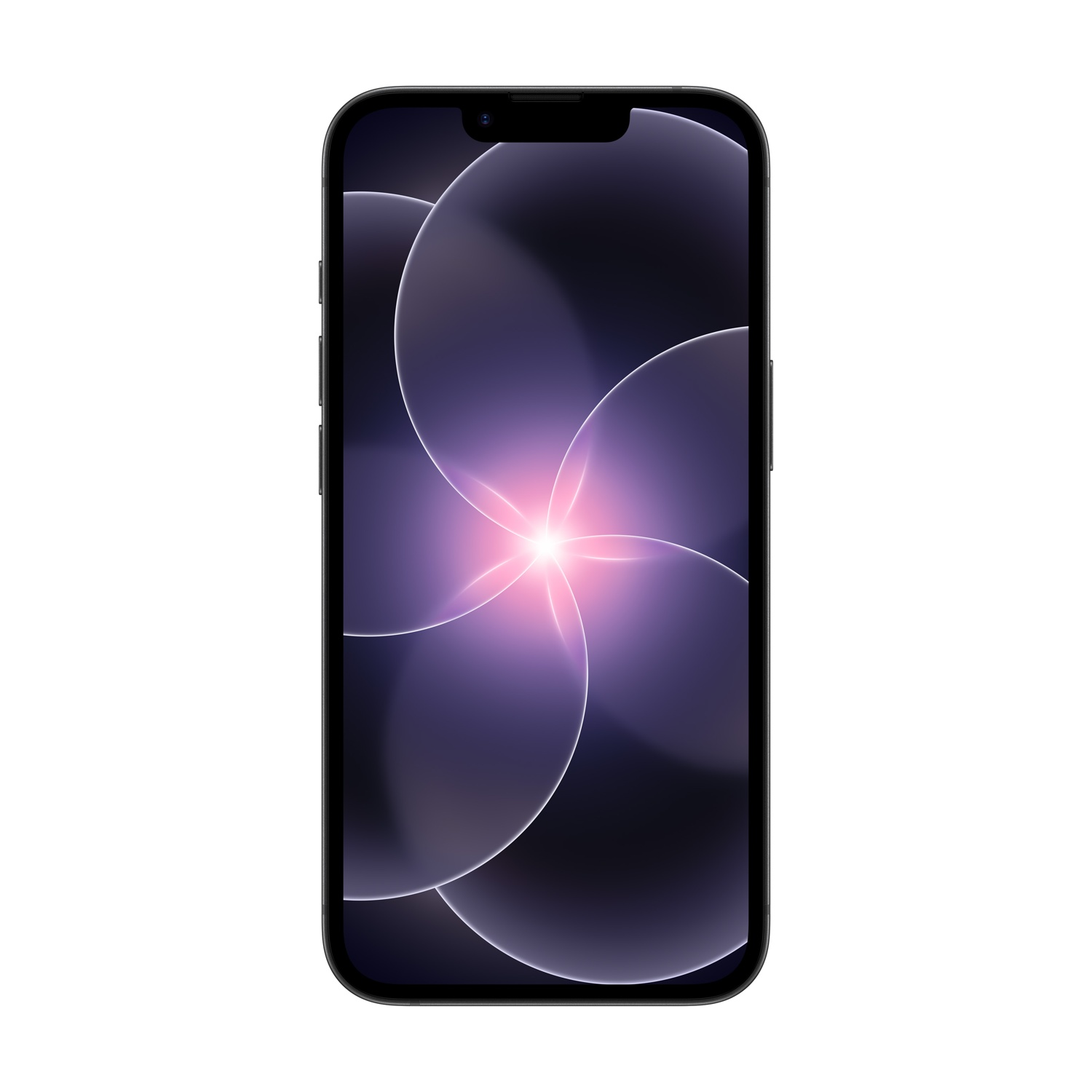 Uno smartphone nero mostra uno sfondo astratto viola e rosa.