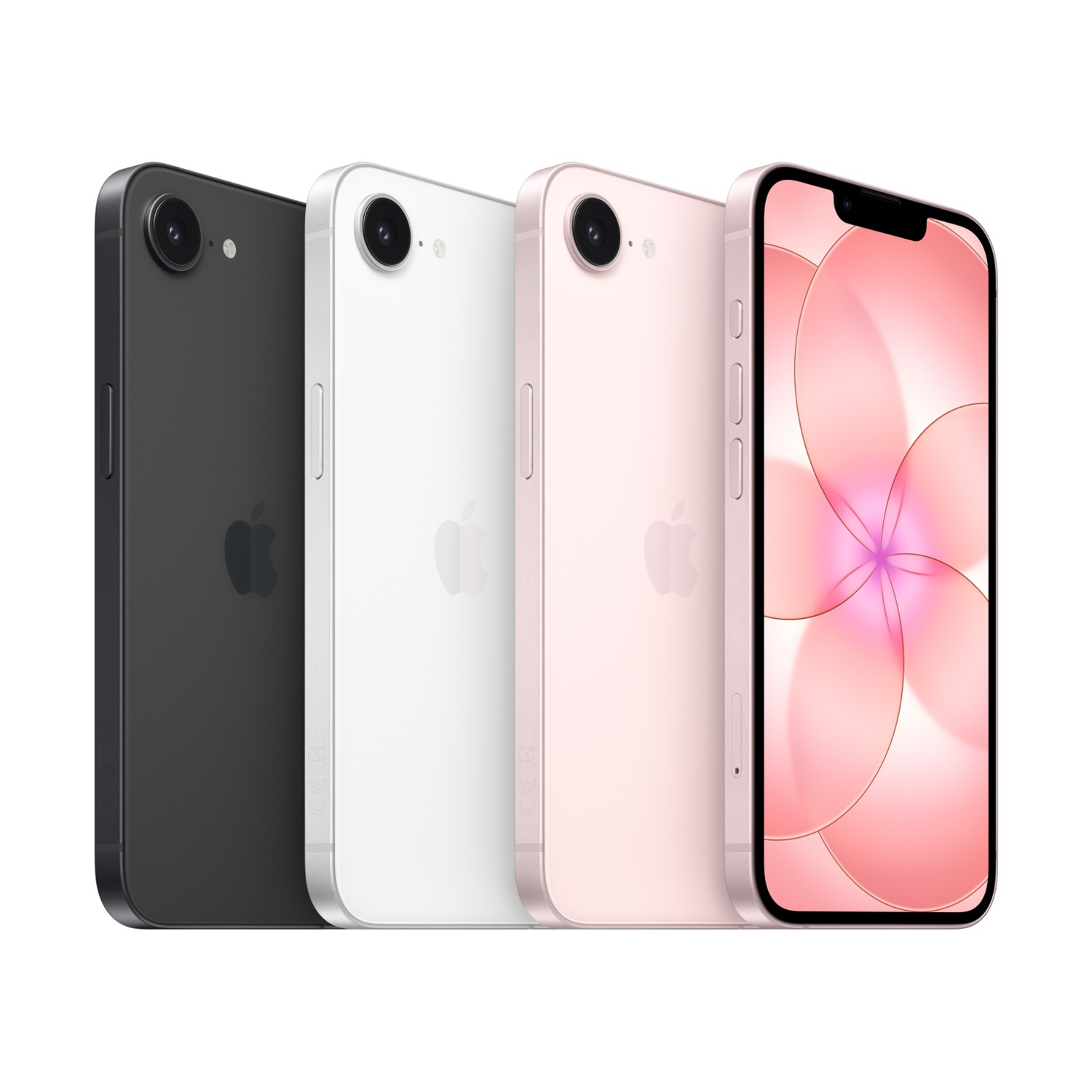Tre iPhone neri, bianchi e rosa, uno accanto all'altro su sfondo bianco.