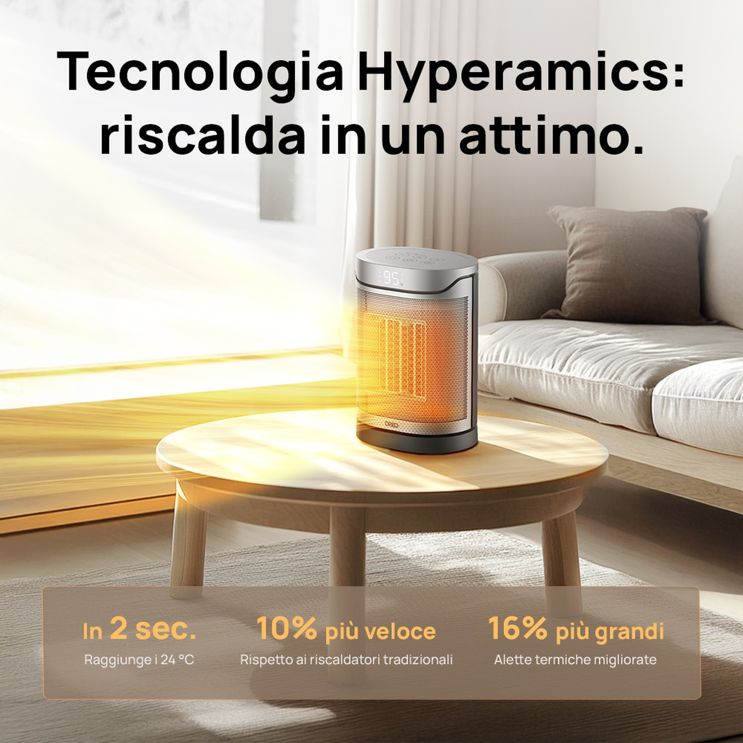 Un termoventilatore argento su tavolo di legno. Divano accanto.