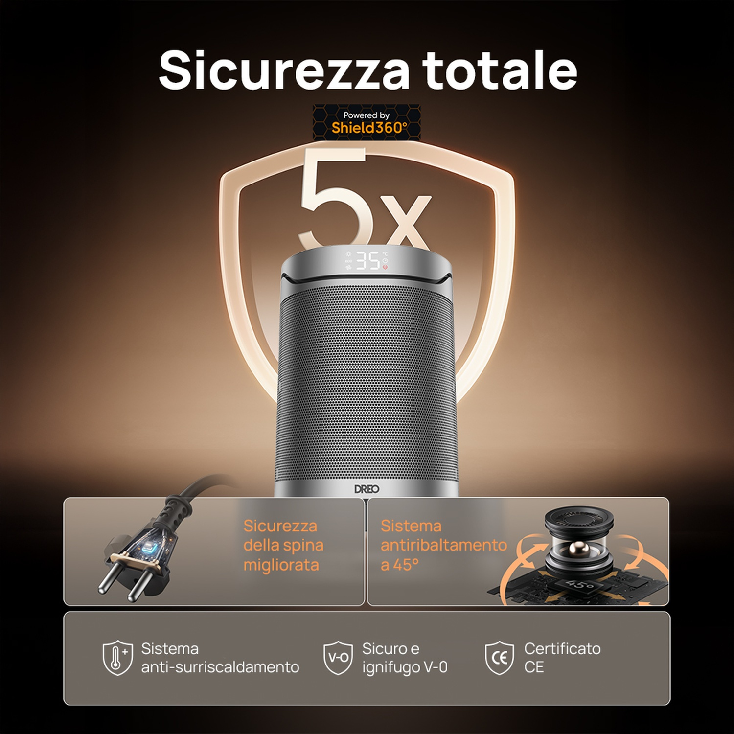 Una stufa a torre grigia con display digitale e scudo '5x'.