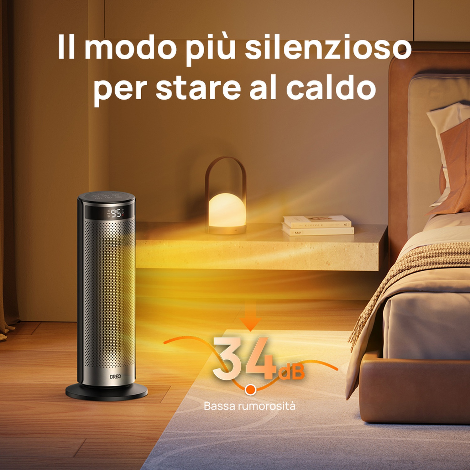 Un termoventilatore in una camera da letto, che funziona silenziosamente a 34 dB.