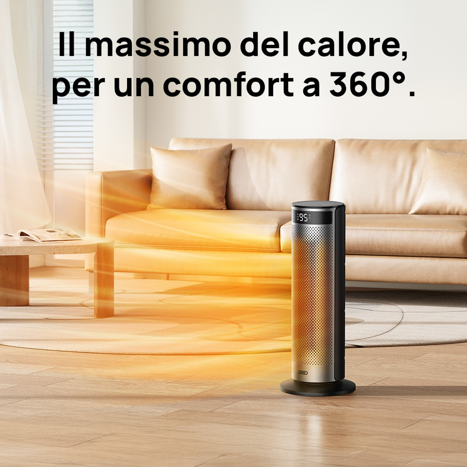Un termoventilatore in un soggiorno davanti a un divano, emana calore.