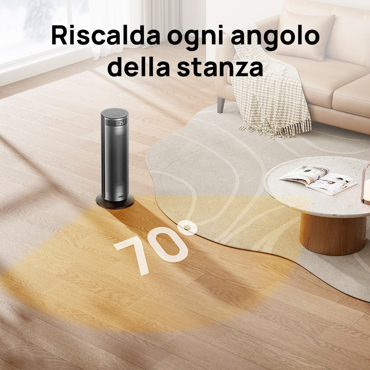Un termoventilatore riscalda il pavimento di un soggiorno con un motivo di 70 gradi.