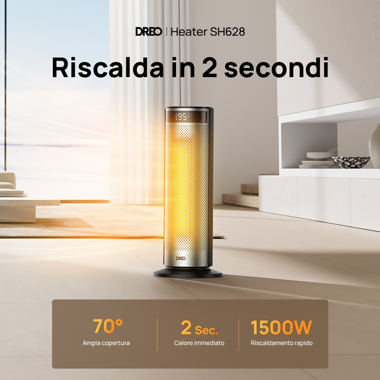 Una stufa DREO SH628 con elemento riscaldante acceso in una stanza moderna.