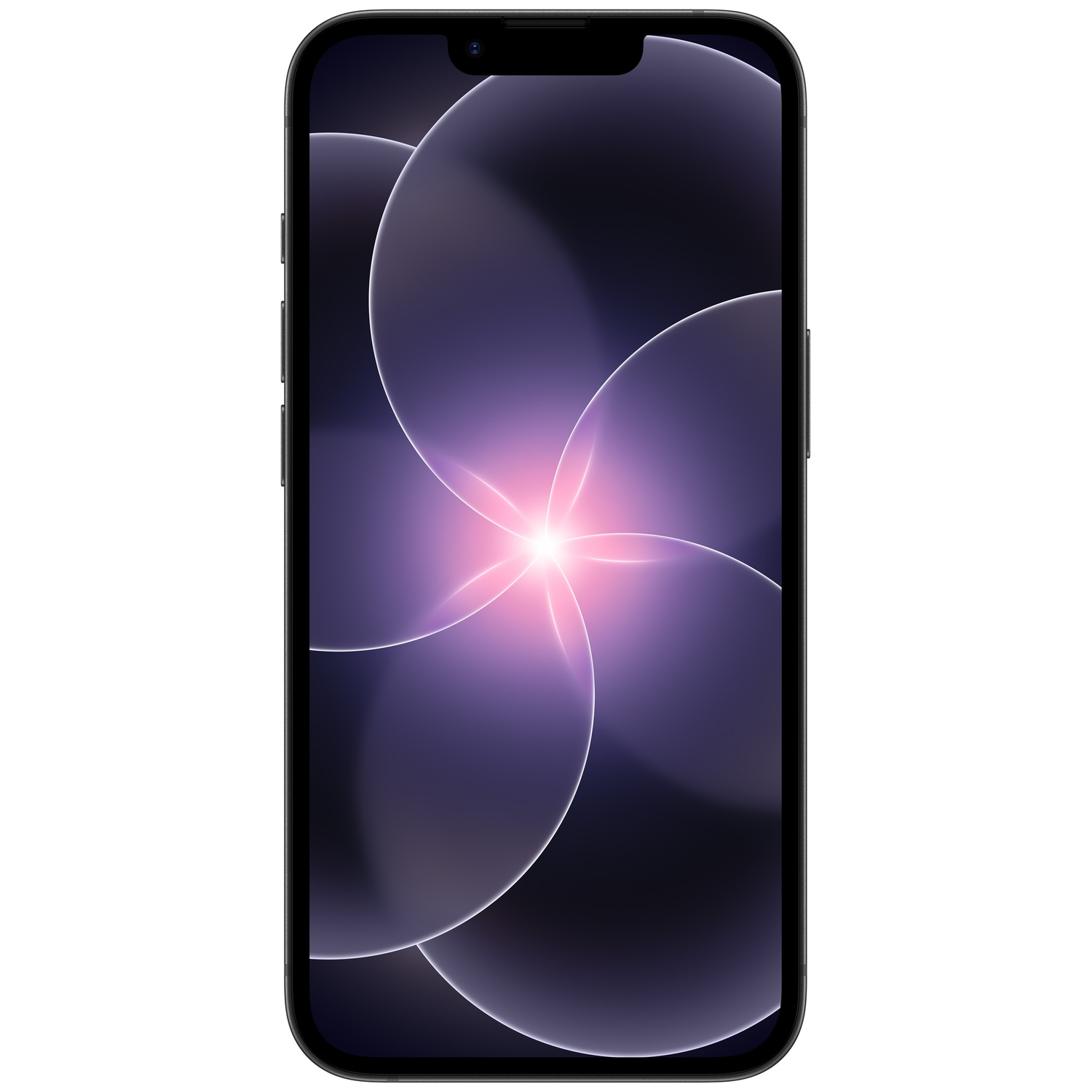 A black smartphone displaying a purple and pink abstract background.