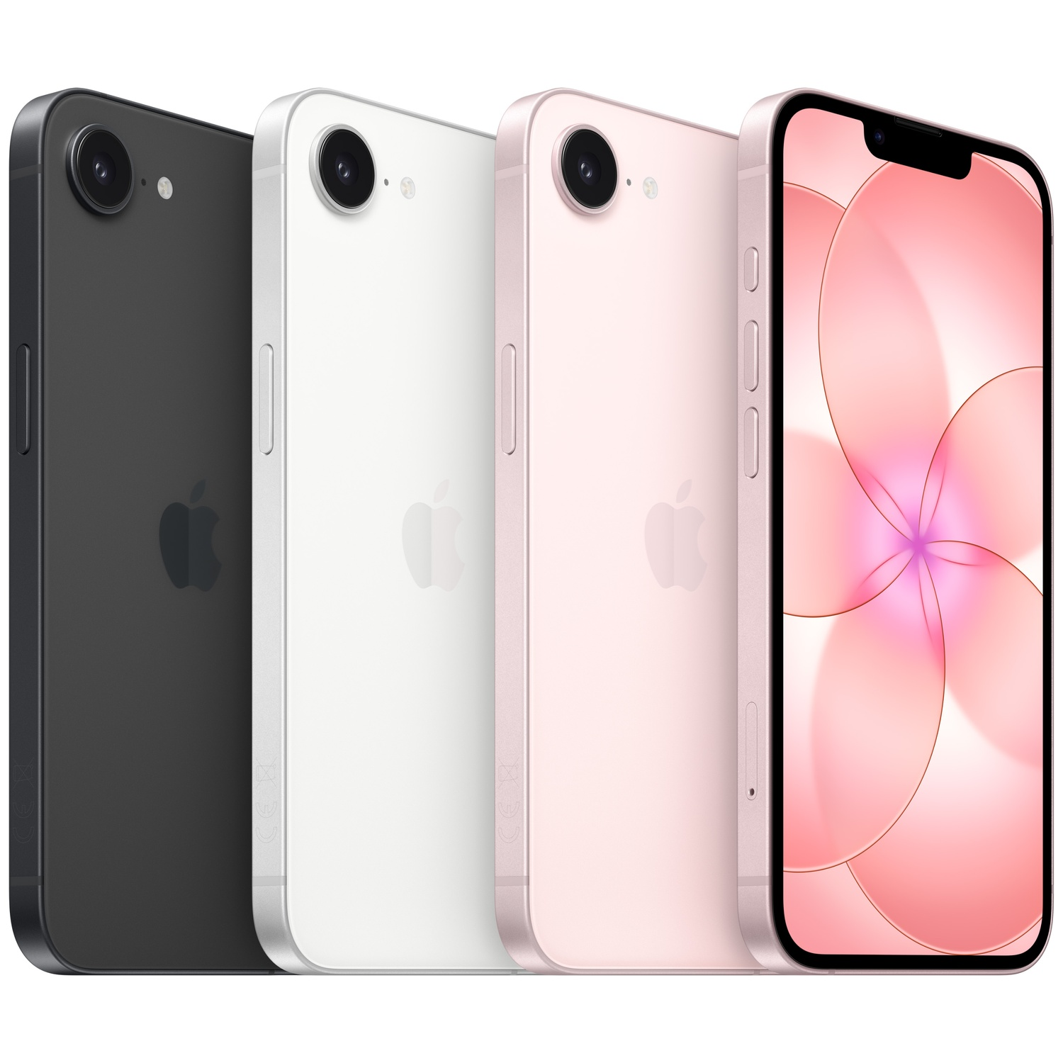 Three iPhones in black, white, and pink lined up. The front pink one shows a lock screen.