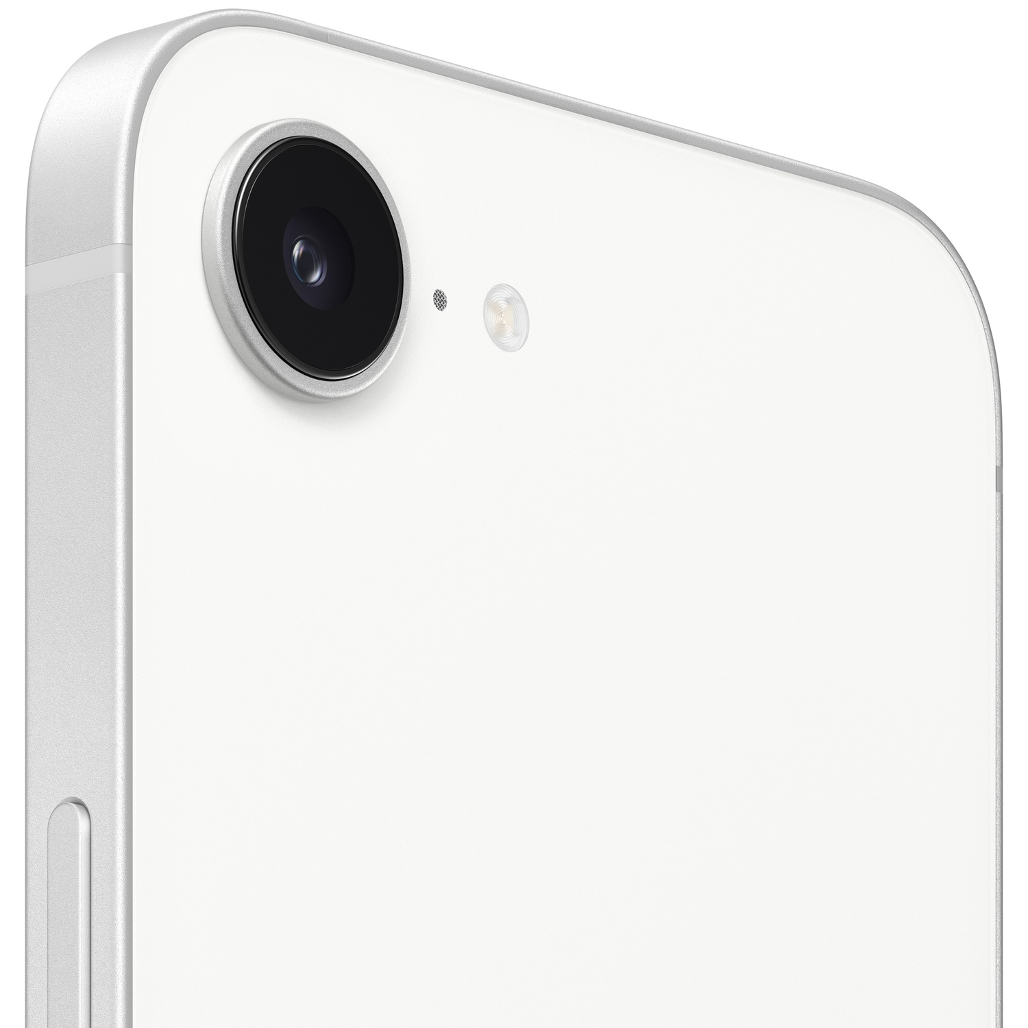 Close-up of a white smartphone back with camera lens and flash.