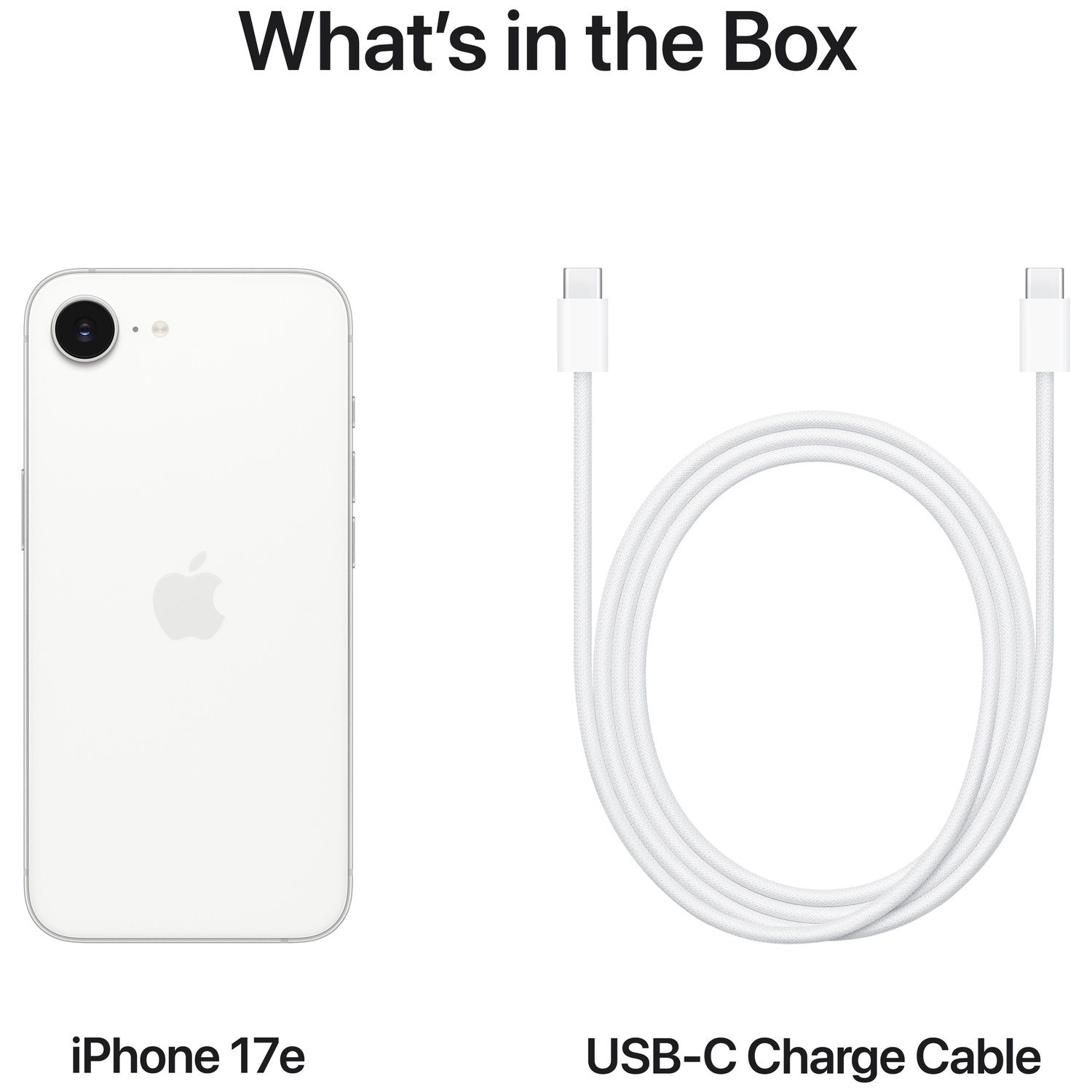 A white iPhone 17e and a white USB-C charge cable on a white background.