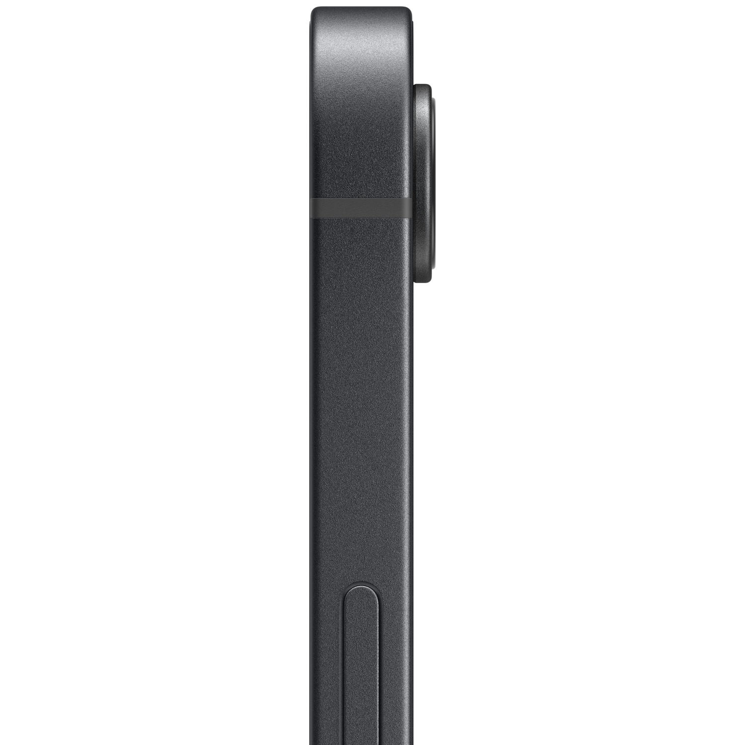 Dark gray smartphone in profile with camera module and charging port.