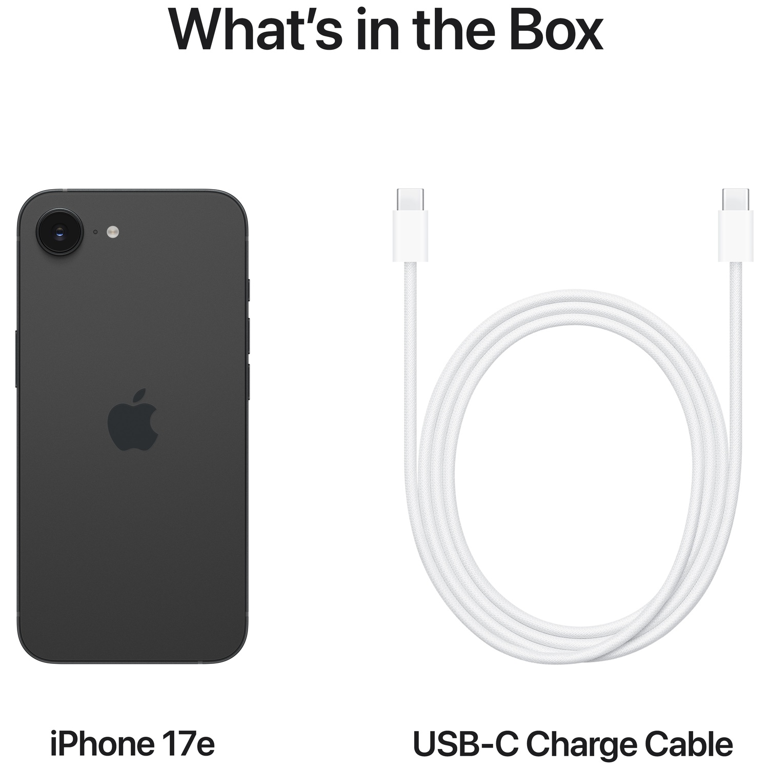 Black iPhone 17e and a white USB-C charge cable are shown.