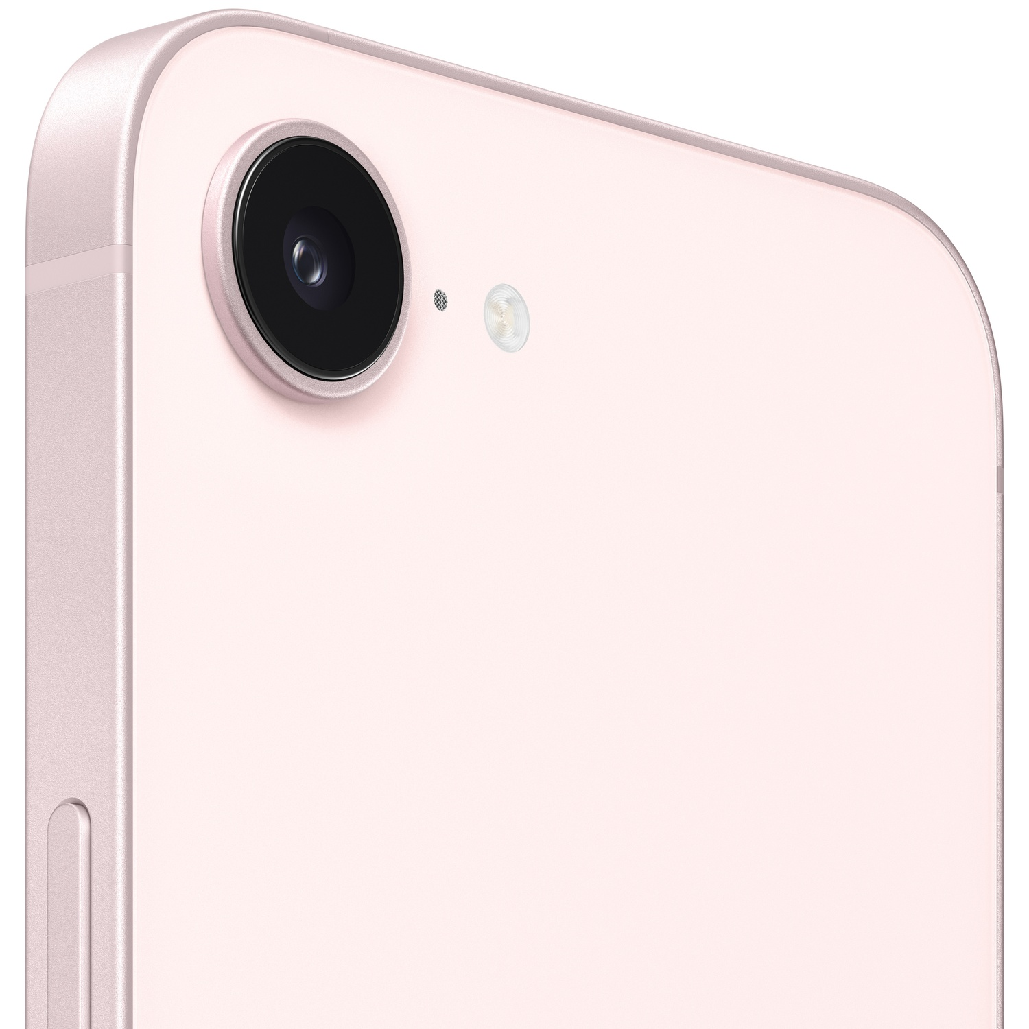 Close-up of a pink iPhone's back, showing the camera lens and flash unit.