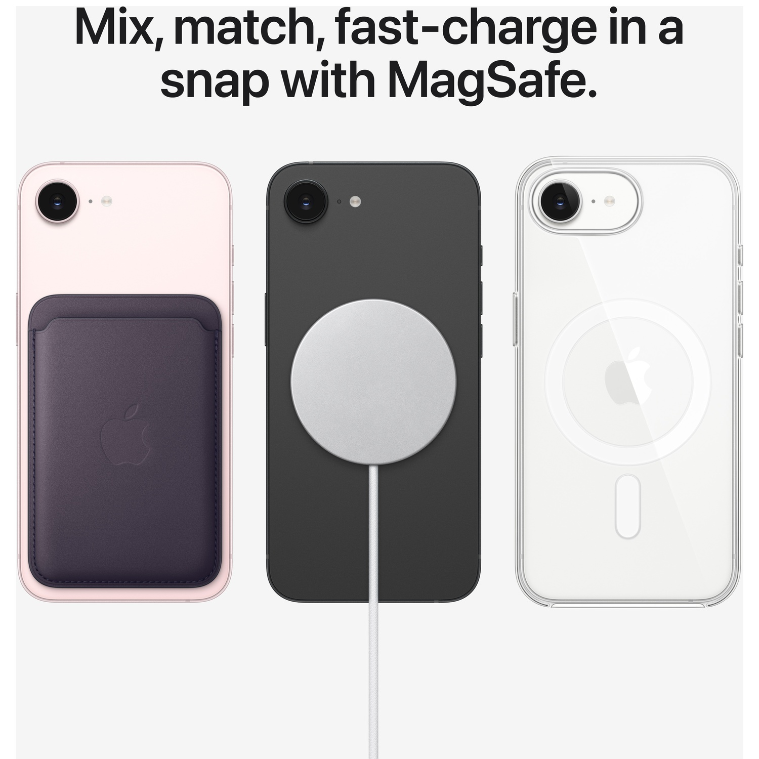 Three iPhones: pink with card holder, black with charger, clear with case.