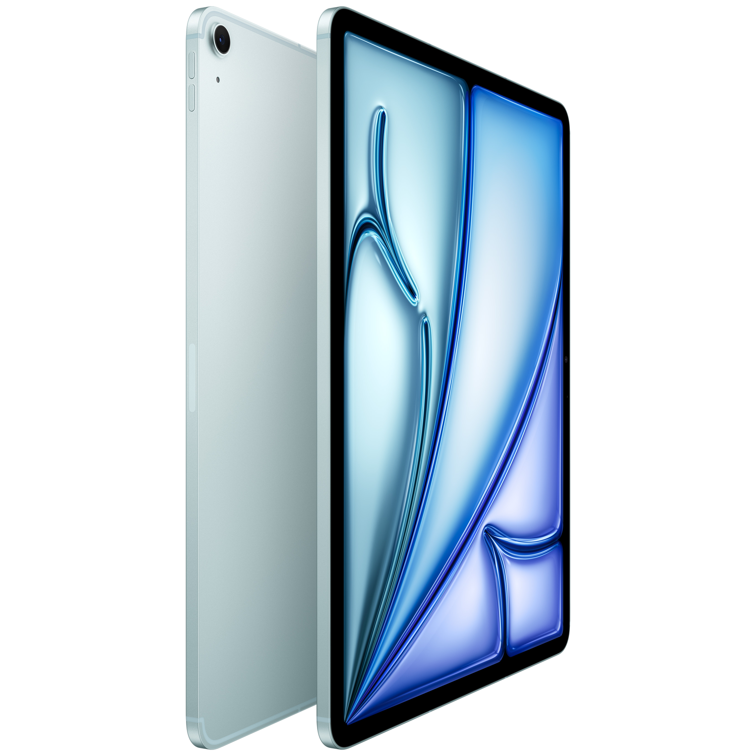 Een lichtblauwe tablet met een leeg scherm en achtercamera.