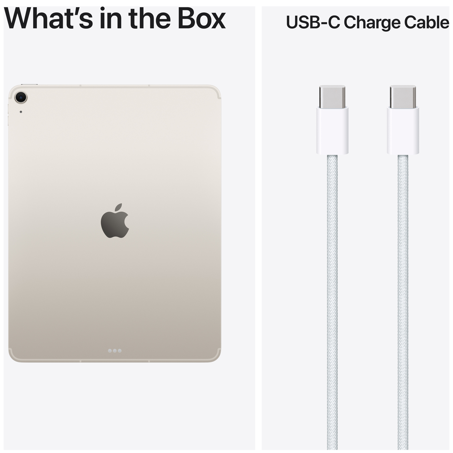A silver tablet and two white USB-C cables.