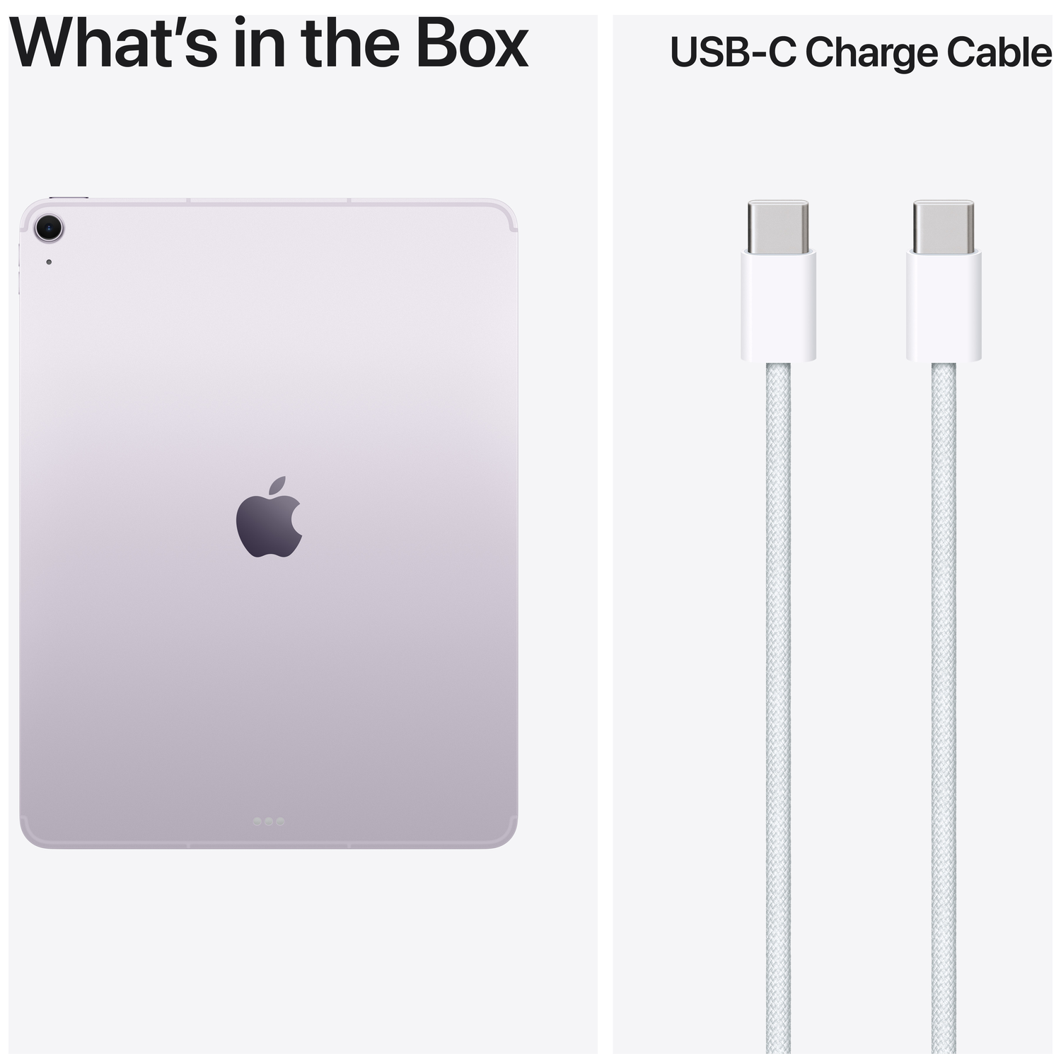 A purple tablet and two white USB-C charge cables side by side.