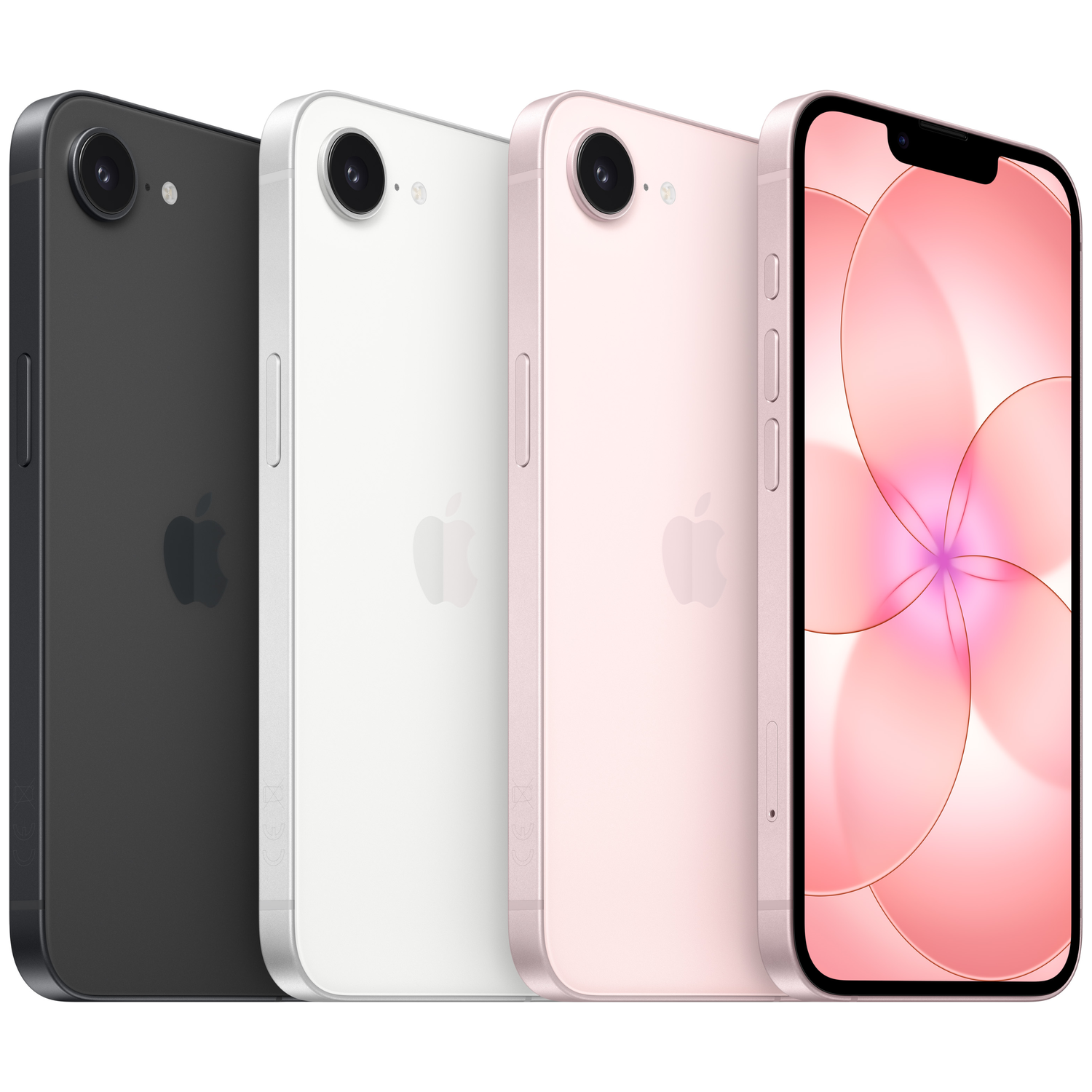 Three iPhones in black, white, and pink stand side by side. The front pink iPhone shows a pink background.