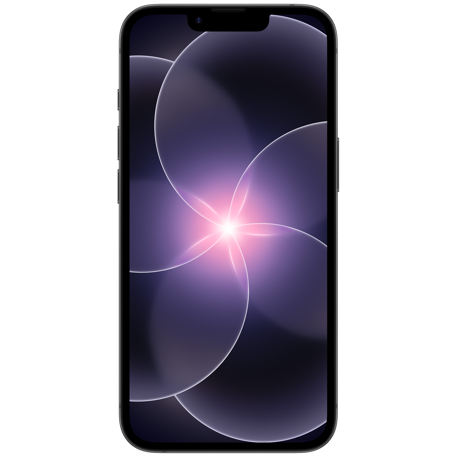 A black smartphone displaying a purple, starburst-like wallpaper.