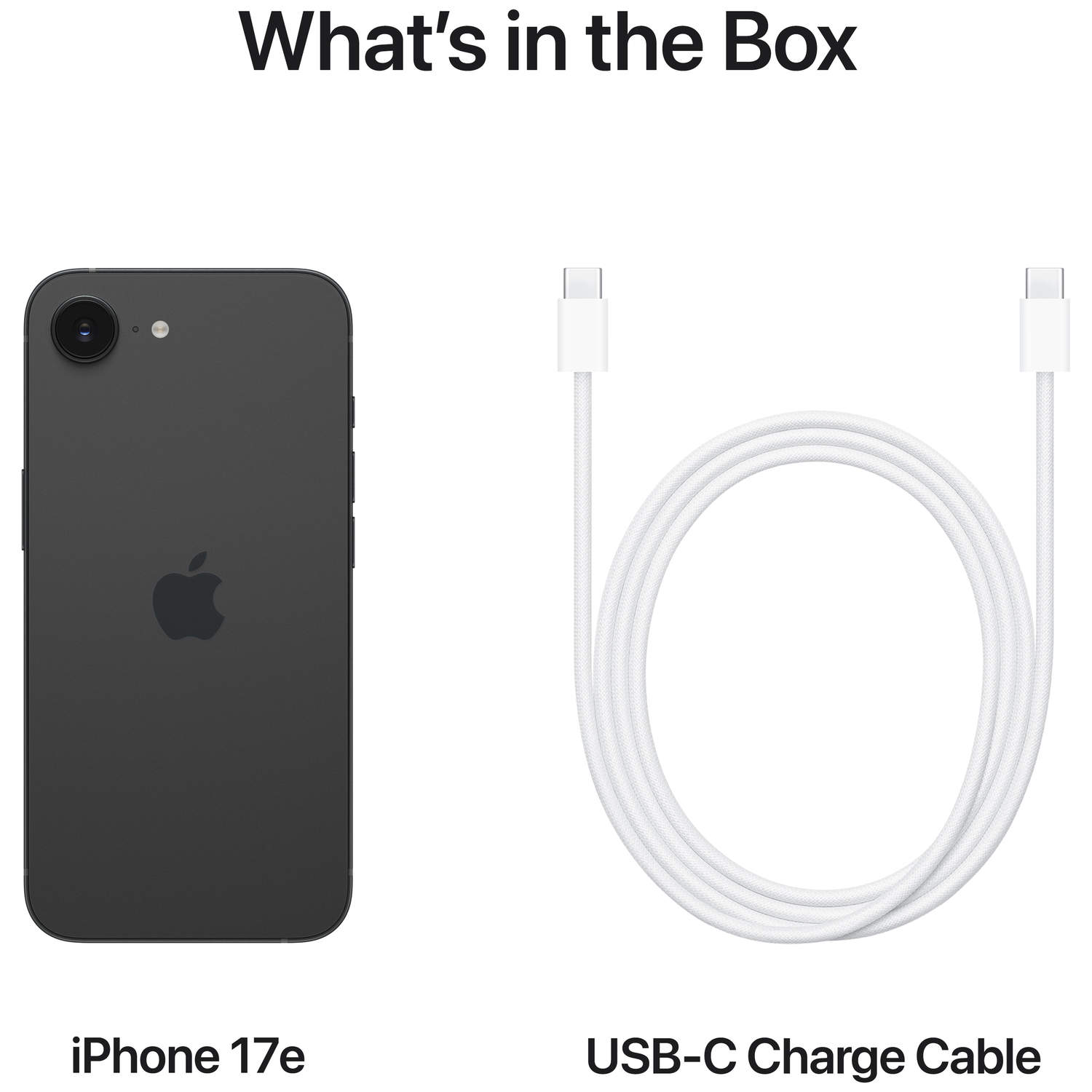 A dark iPhone 17e and a white USB-C charge cable are shown.