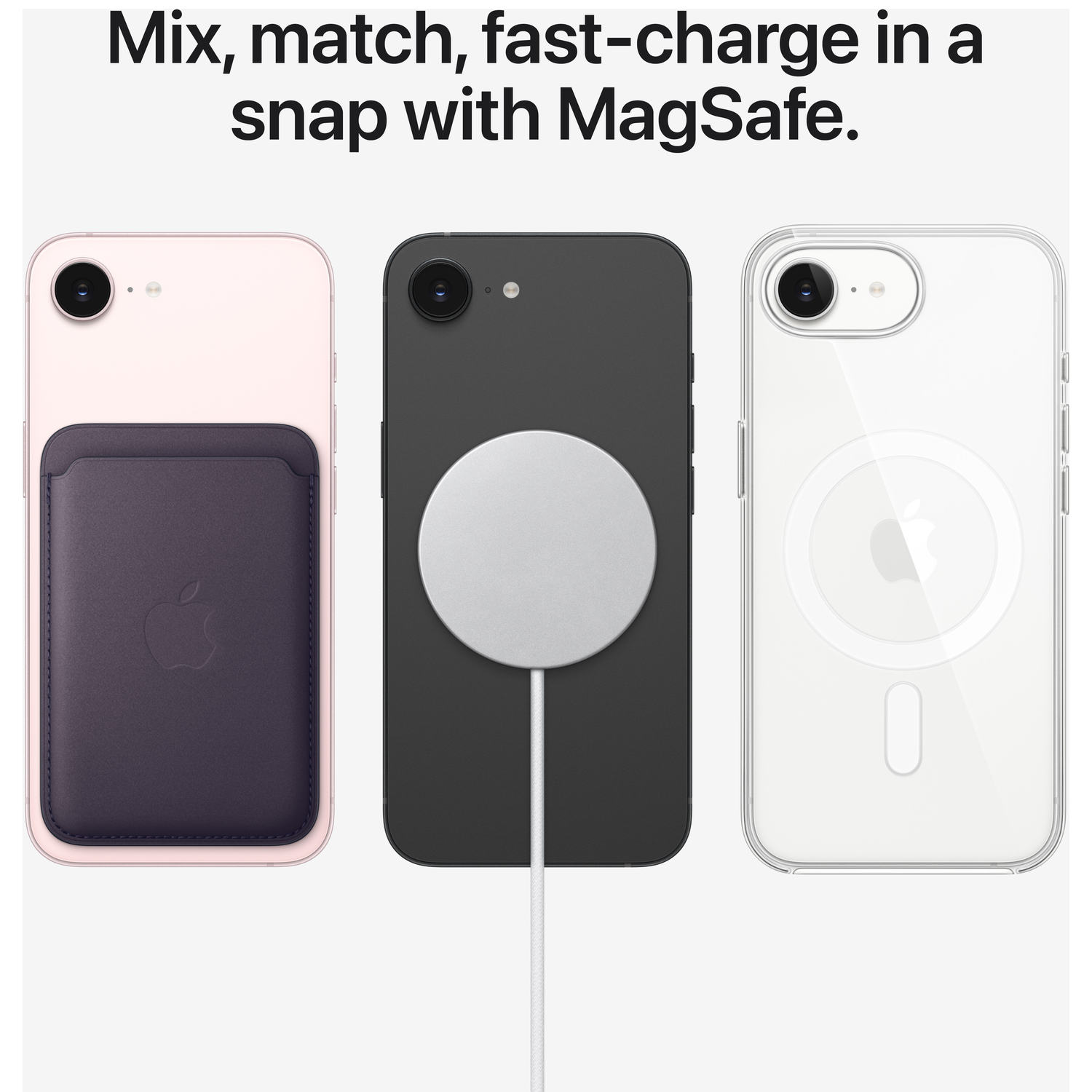 Three iPhones in pink, black, and clear with MagSafe accessories.