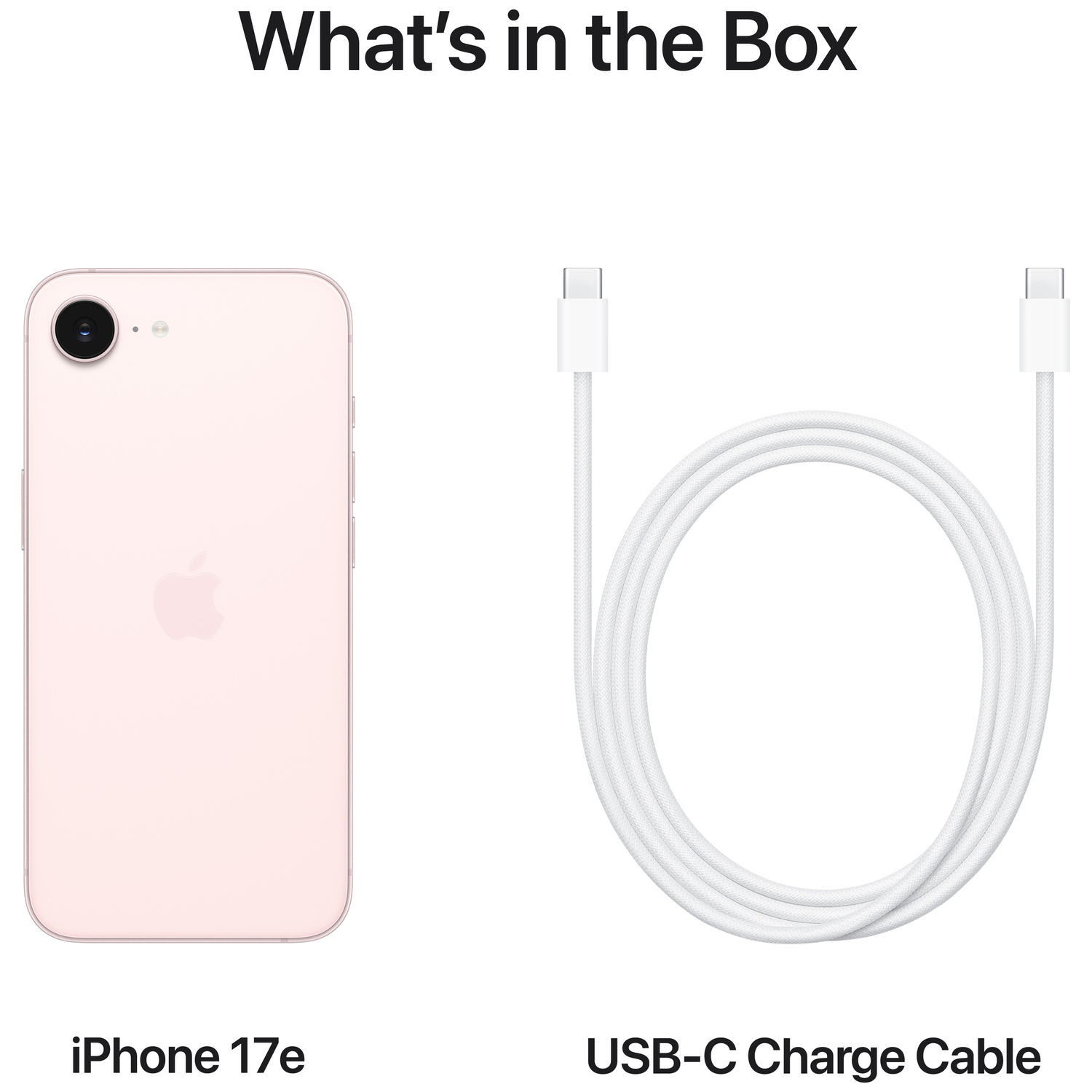 Pink iPhone 17e and white USB-C charge cable shown.