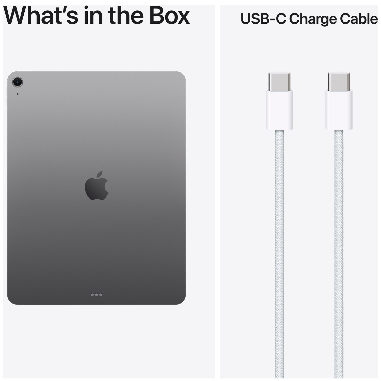 Gray tablet with Apple logo and two white USB-C cables.