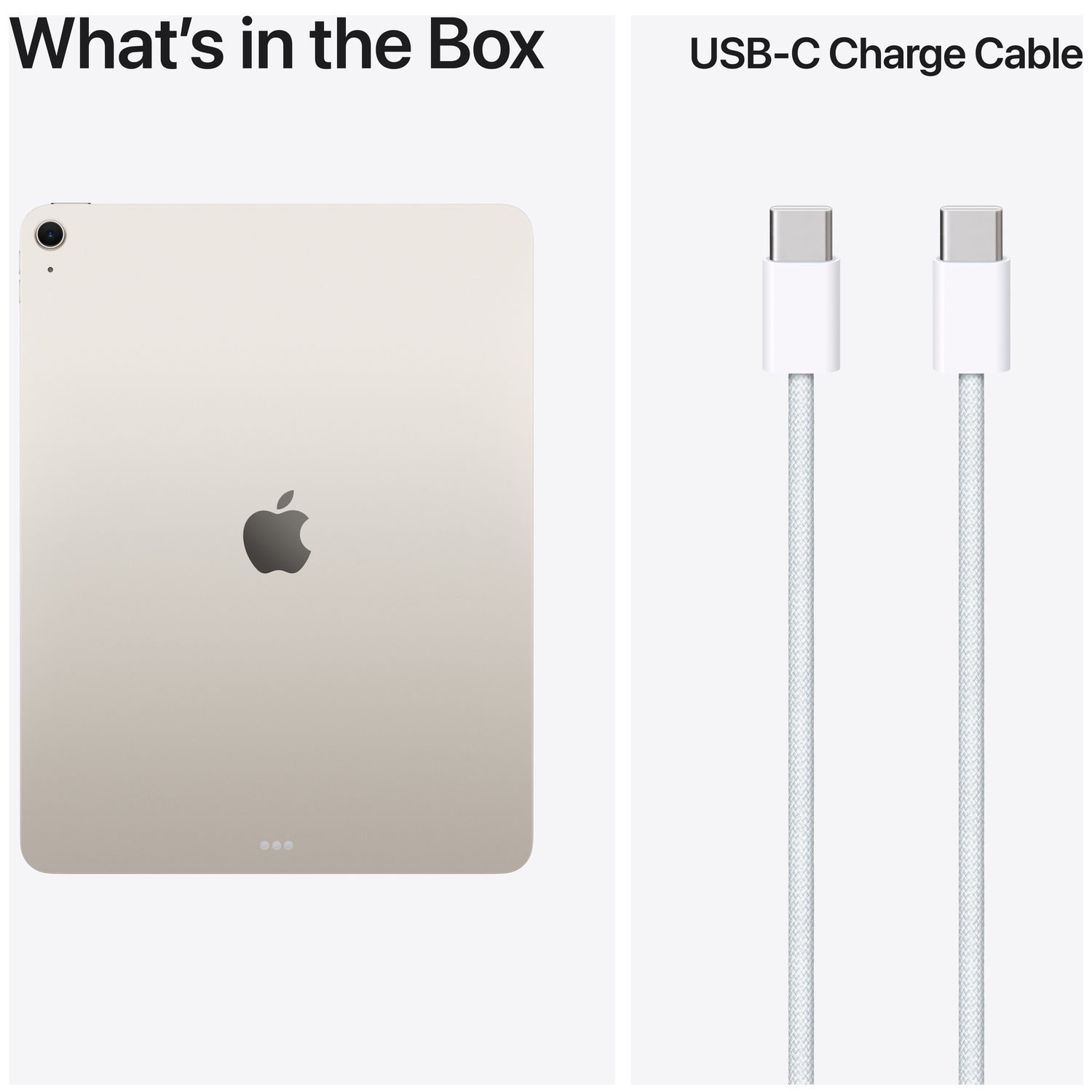 A beige iPad and two white USB-C charge cables on a white background.