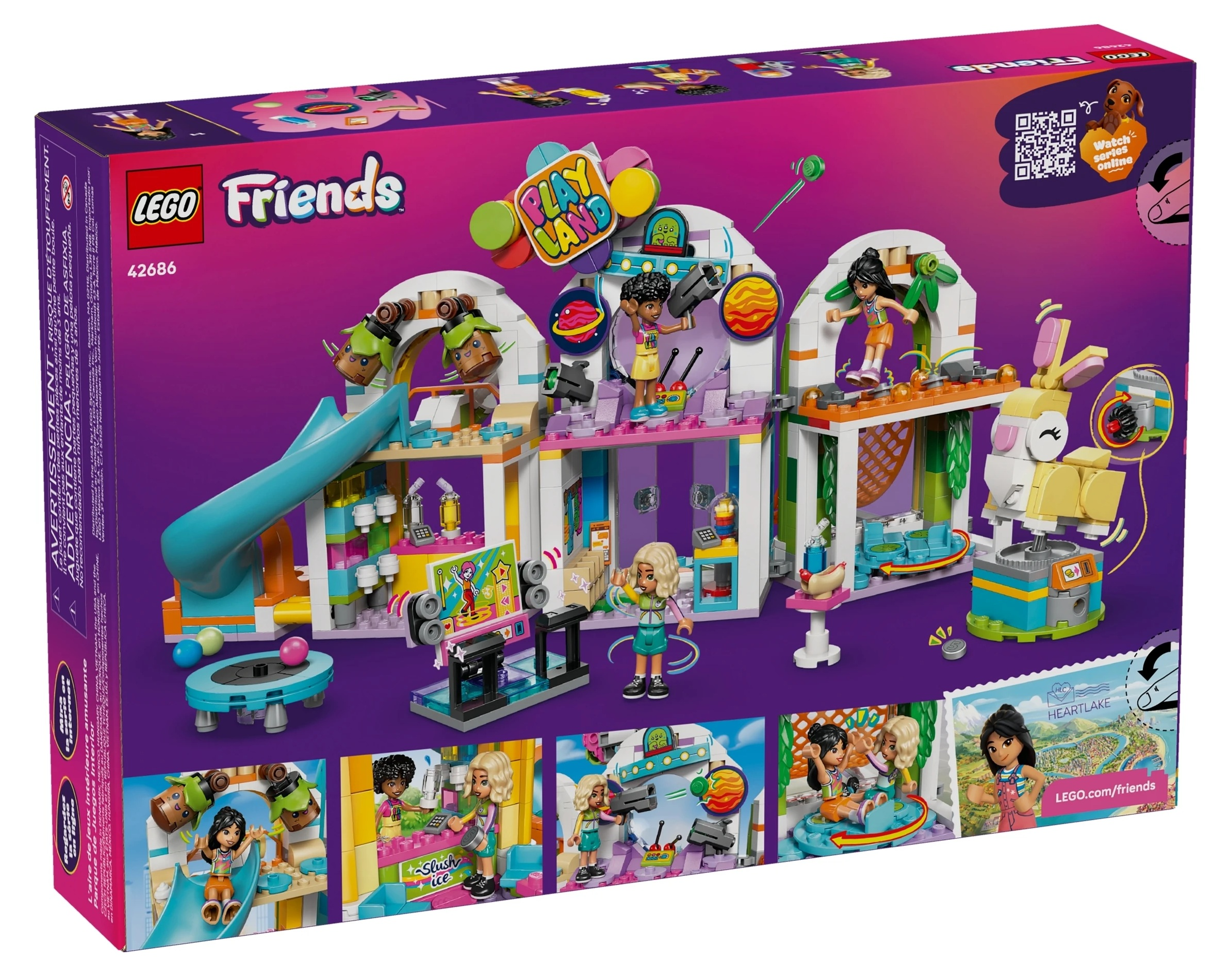Zestaw Lego Friends ze zjeżdżalnią, karuzelą i figurkami na fioletowym tle.