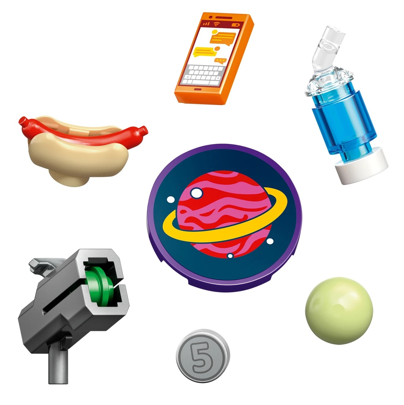 Części Lego: hotdog, telefon, akcesorium statku kosmicznego, emblemat planety, kula i moneta.