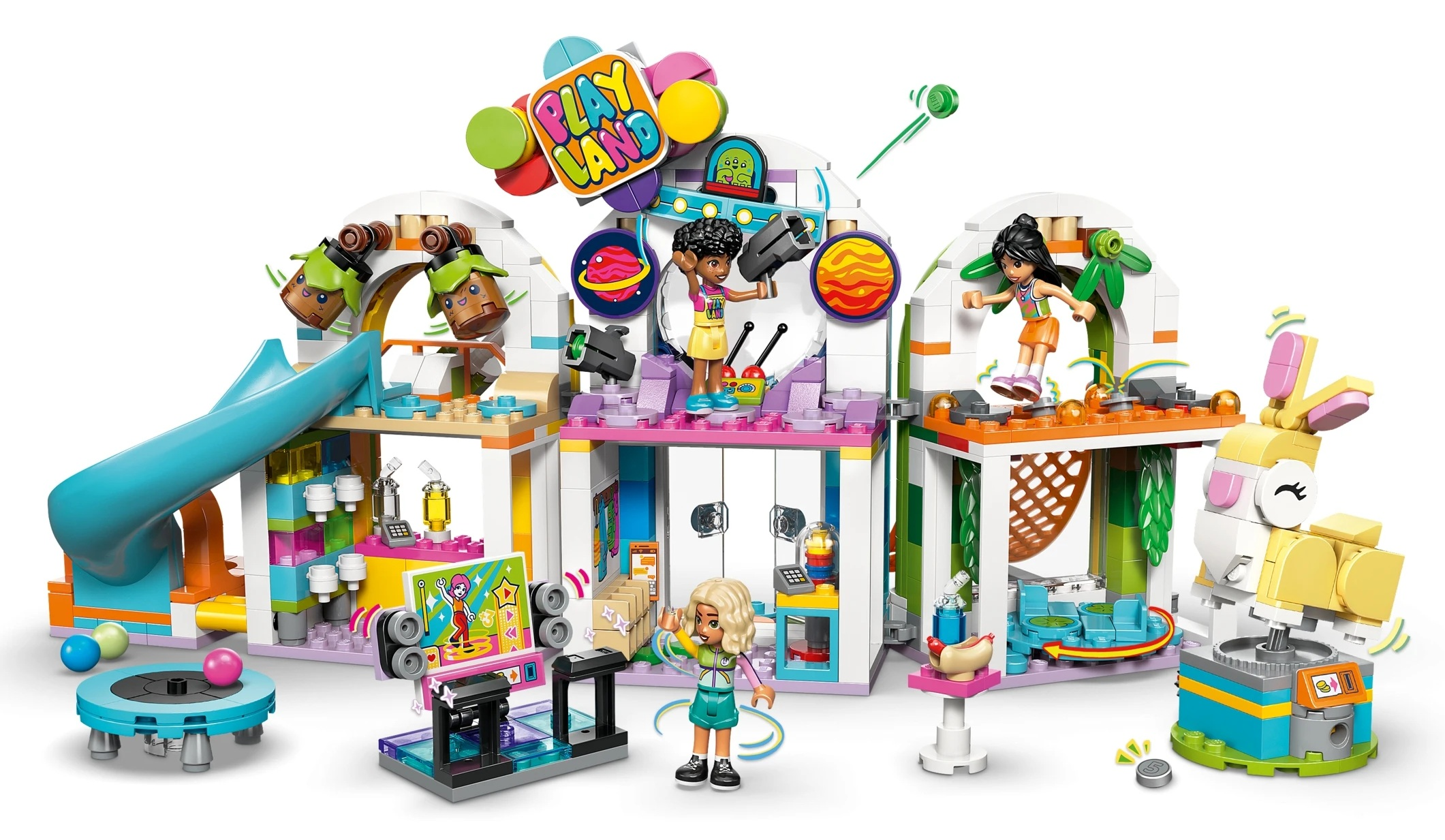Kolorowy zestaw Lego Friends z figurkami, zjeżdżalnią i kręcącym się króliczkiem.