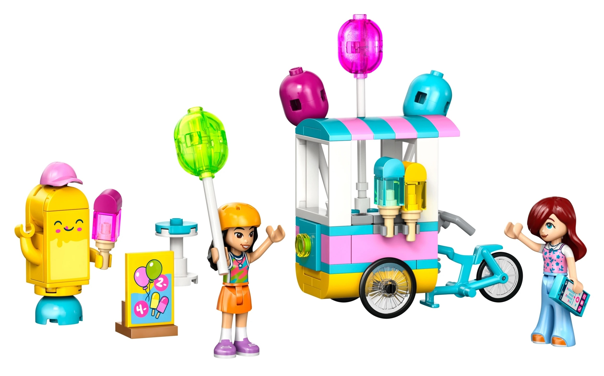Figurki Lego z wózkiem na lody, lodami i balonami.