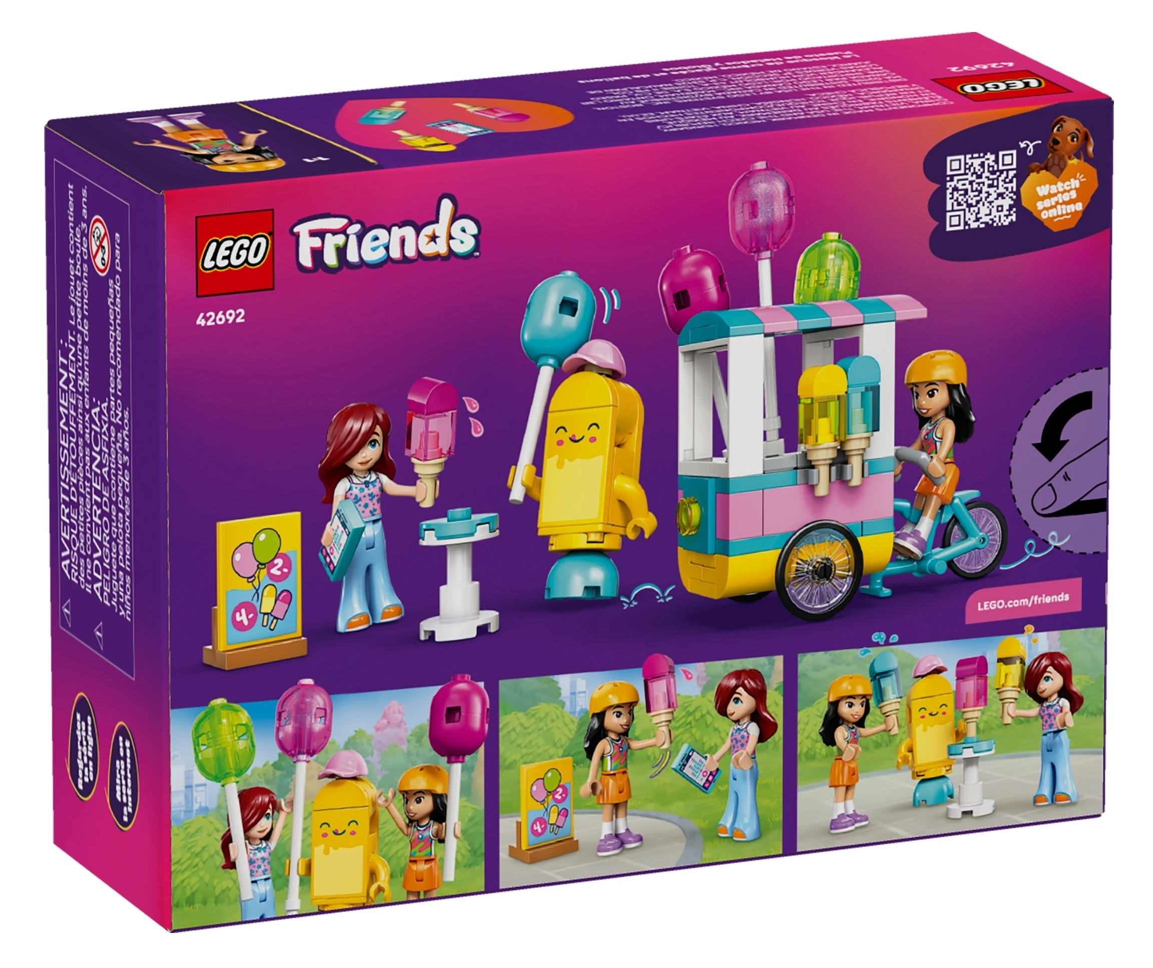 Zestaw lodziarni Lego Friends z figurkami, lodami i rowerem.