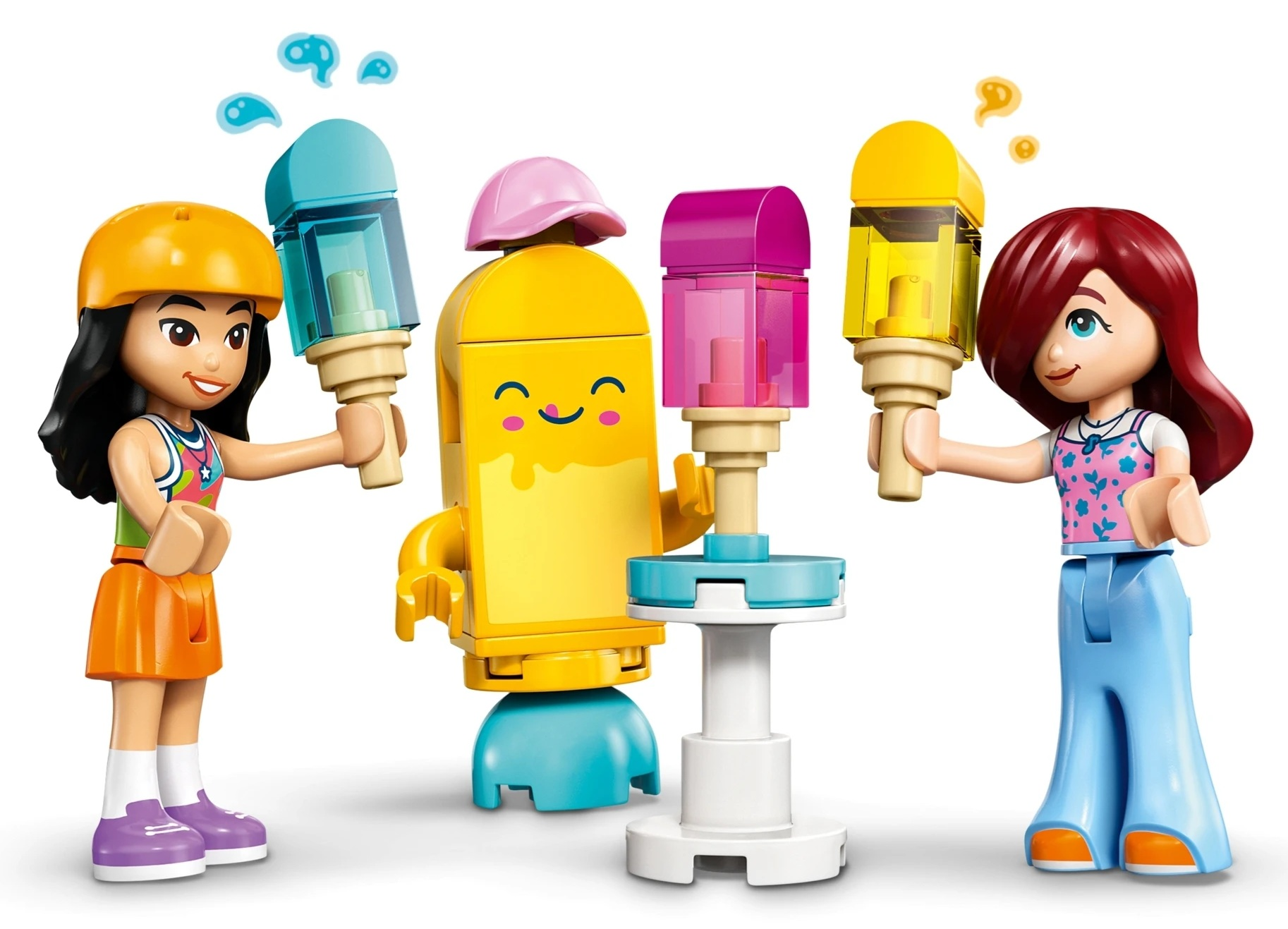 Figurki Lego trzymające lody. Jedna postać ma żółty kask, druga czerwone włosy.