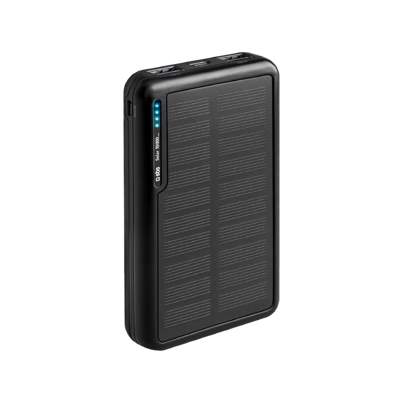 Schwarzes Solar-Powerbank mit vier blauen Ladeanzeigen und vier USB-Anschlüssen.