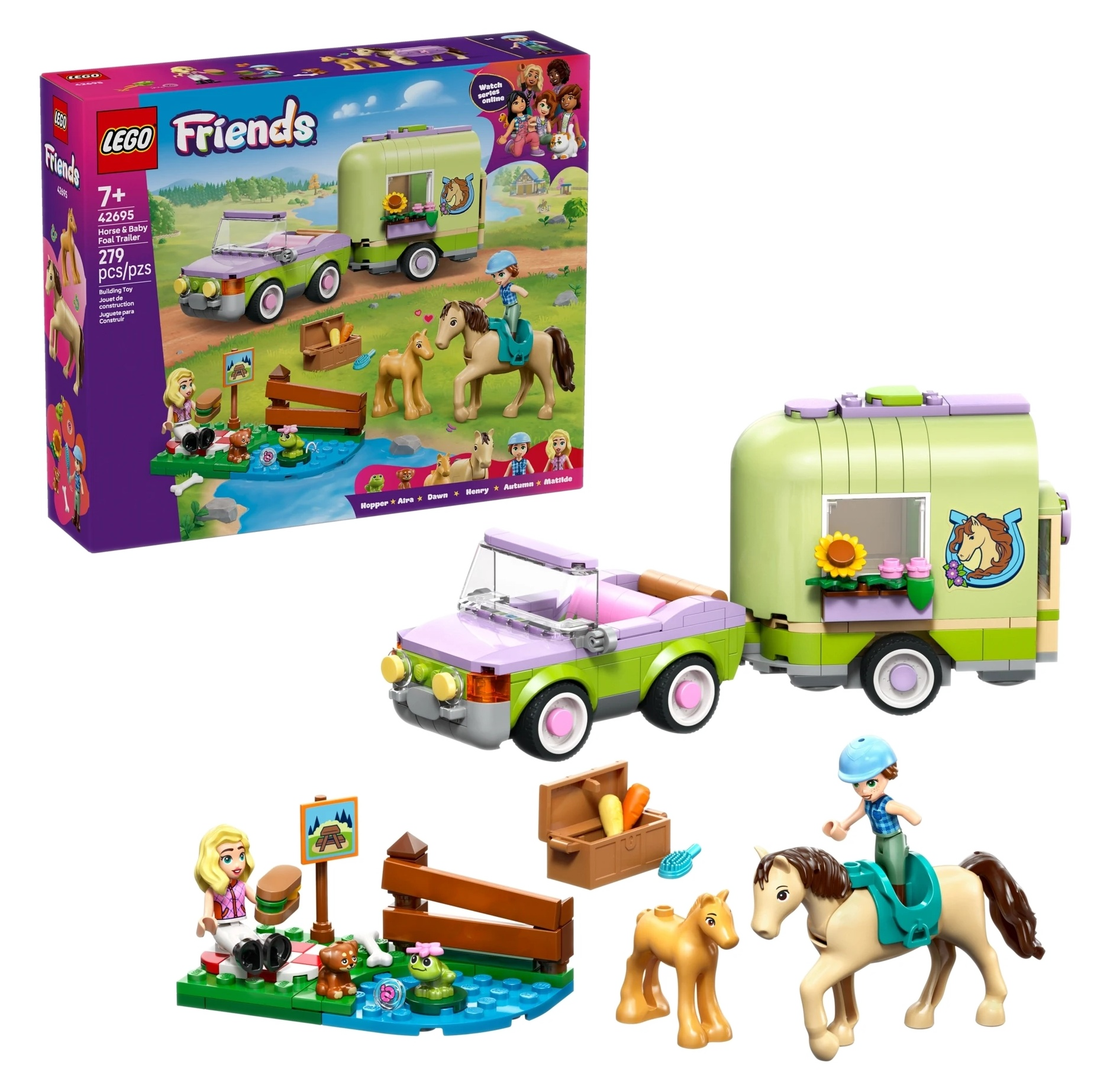 Zabawka Lego: samochód ciągnie przyczepę dla koni z figurkami i akcesoriami.